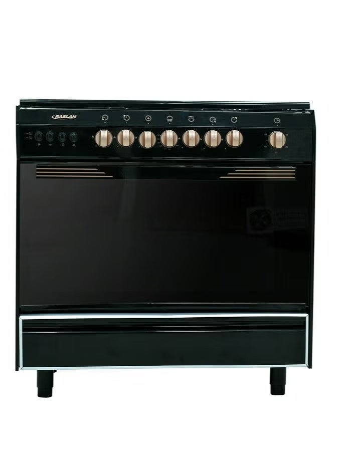 Ruslan 5-burner gas oven - 60 x 90 - stainless steel surface - black sides - fan for even heat distribution - rotating grill - automatic ignition - thermostat - timer - glass cover - golden handles - storage drawer - 9905RM-N - Image 2