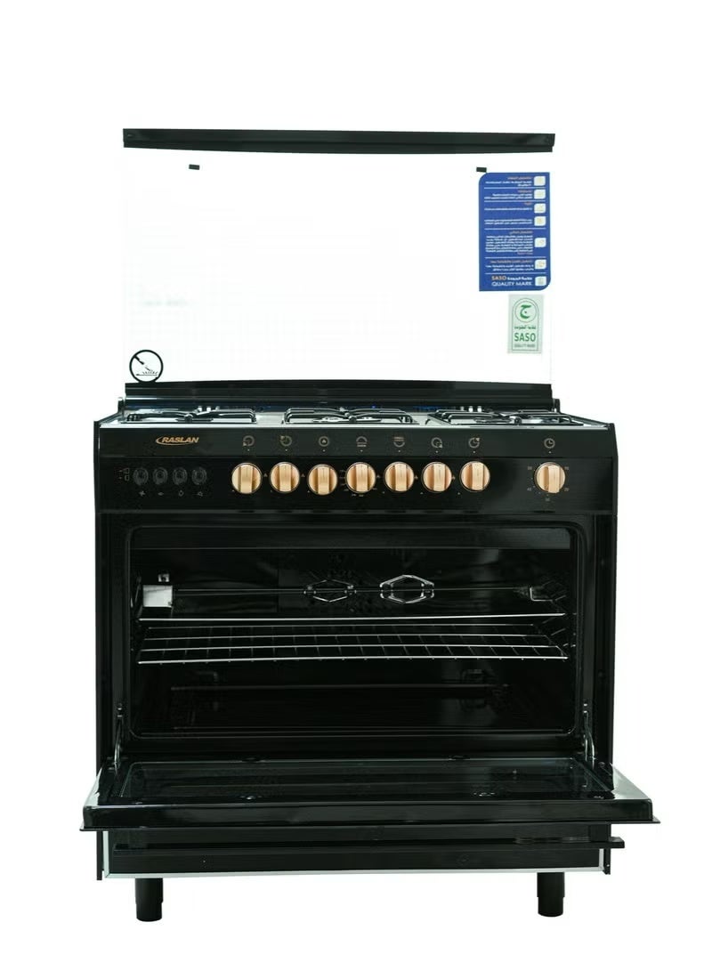 Ruslan 5-burner gas oven - 60 x 90 - stainless steel surface - black sides - fan for even heat distribution - rotating grill - automatic ignition - thermostat - timer - glass cover - golden handles - storage drawer - 9905RM-N - Image 1