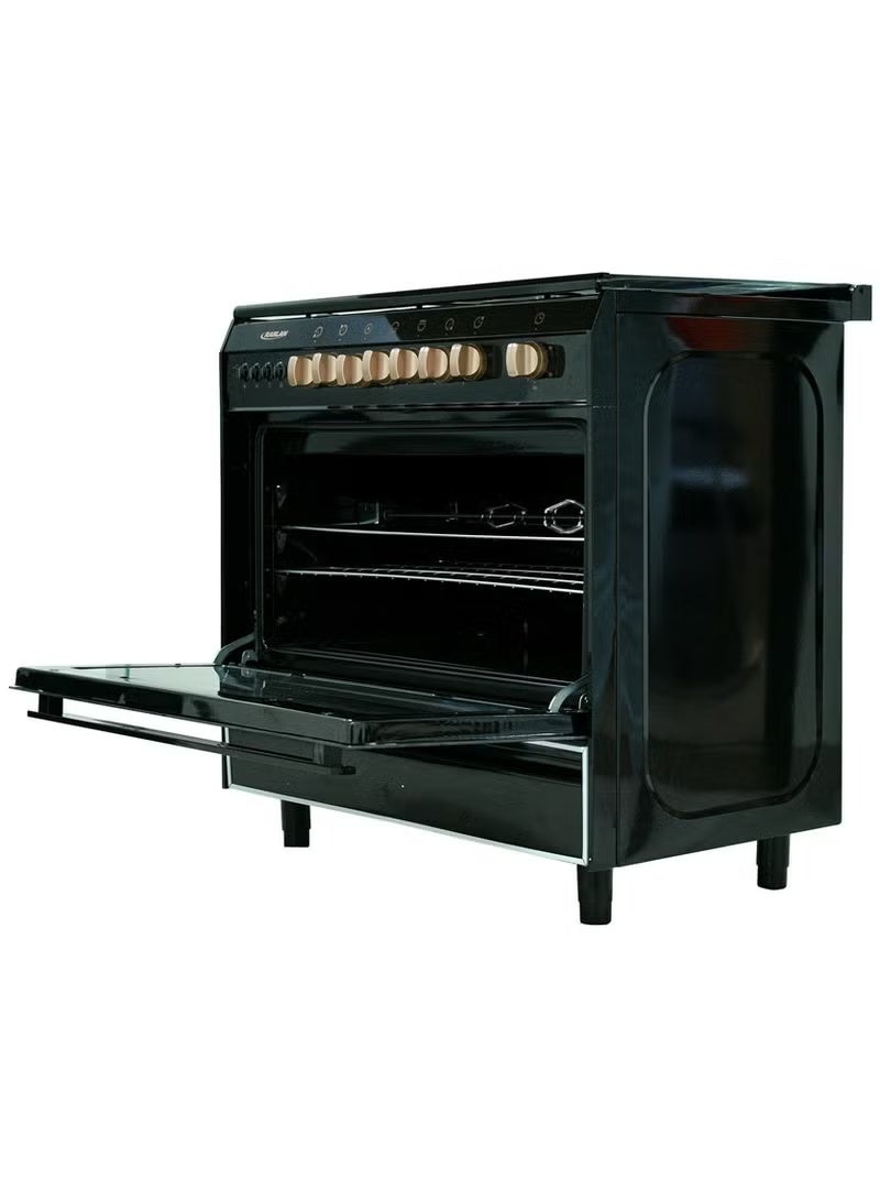 Ruslan 5-burner gas oven - 60 x 90 - stainless steel surface - black sides - fan for even heat distribution - rotating grill - automatic ignition - thermostat - timer - glass cover - golden handles - storage drawer - 9905RM-N - Image 4