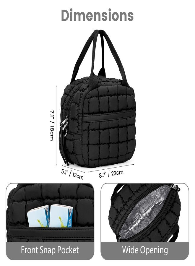 BBIQI Cute Lunch Box For Women Quilted Lunch Bag Quilted Puffy Tote Bag With Front Pocket Snack Bag Cooler Bag For Work Outdoor (Black) - Image 4