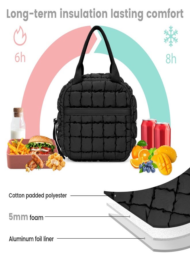BBIQI Cute Lunch Box For Women Quilted Lunch Bag Quilted Puffy Tote Bag With Front Pocket Snack Bag Cooler Bag For Work Outdoor (Black) - Image 2