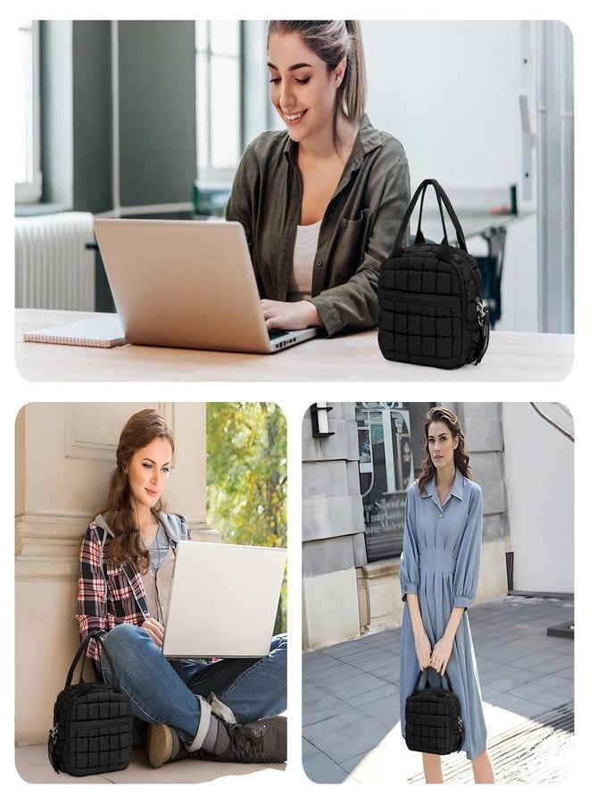 BBIQI Cute Lunch Box For Women Quilted Lunch Bag Quilted Puffy Tote Bag With Front Pocket Snack Bag Cooler Bag For Work Outdoor (Black) - Image 3