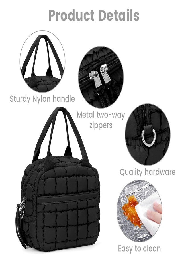 BBIQI Cute Lunch Box For Women Quilted Lunch Bag Quilted Puffy Tote Bag With Front Pocket Snack Bag Cooler Bag For Work Outdoor (Black) - Image 5