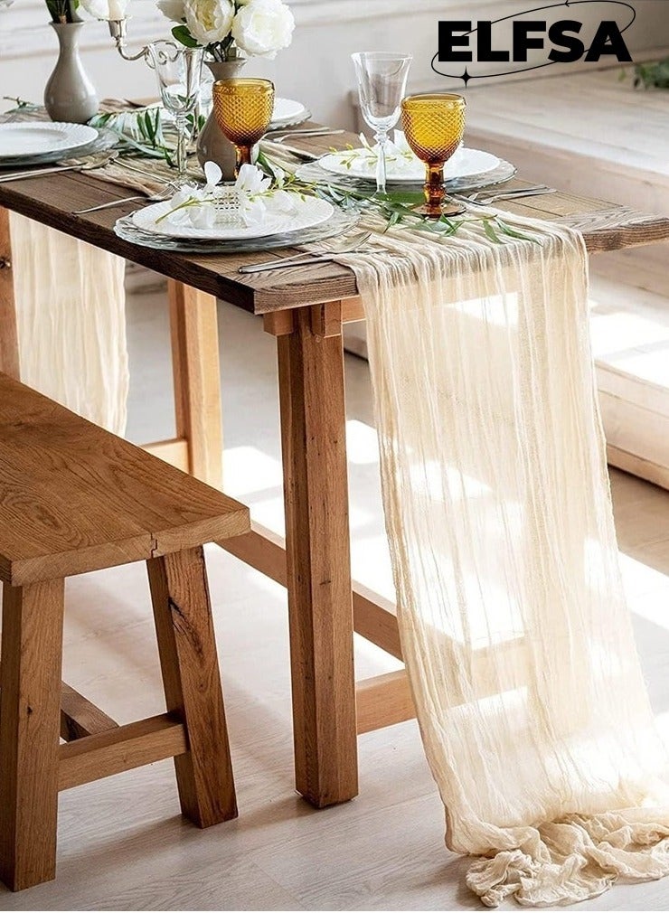 إلفسا مفرش طاولة شفاف من القماش الكتاني لحفلات الزفاف وحفلات استقبال العرائس، قطعة مركزية للطاولة، 90×400 سم، لون بيج - Image 1