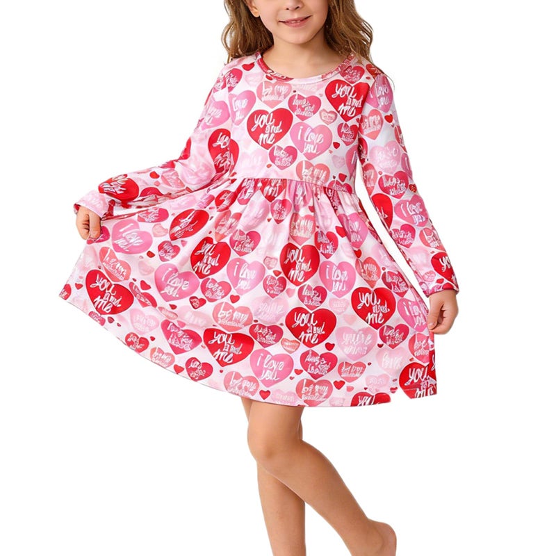 PRCSEE Valentine Toddler Girls Dress Hearts Love Print Dresses Long Sleeve Outfits 6-7Y - Image 1