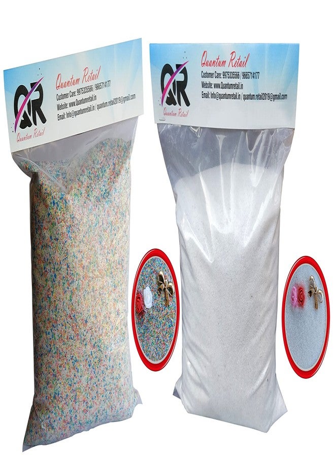 Quantum Retail - Sugar Size Crystal/Quartz Sand for Home and Garden Decor; Aquarium Substrate; Terrarium, Aquarium Decorative Sand (500 gm White + 500 gm Multi Colour Mix Sand) - Image 1