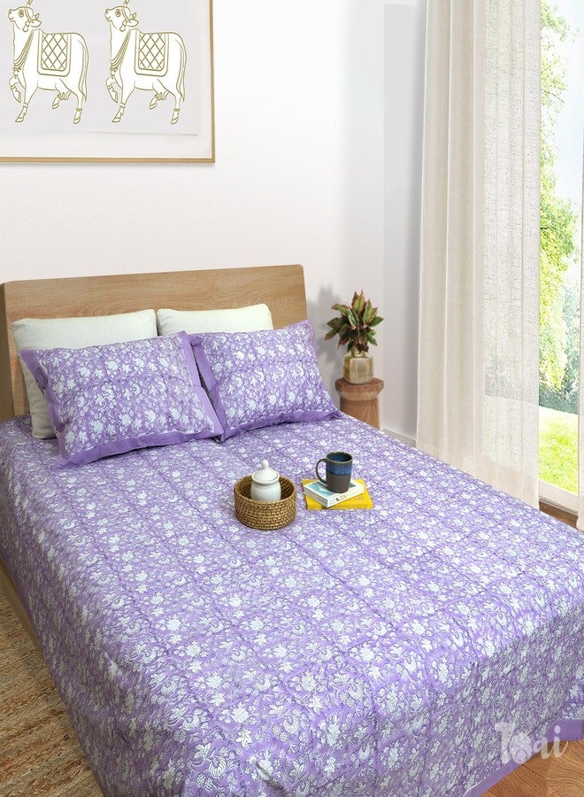 TOAI Hand Block Printed Bedsheet | Bed Sheet Flatsheet | Pure Cotton | Double Bed King Size 108"x108" | 300 TC Bedsheets | Includes 2 Pillow Covers (Lavander Kalamkari) - Image 1