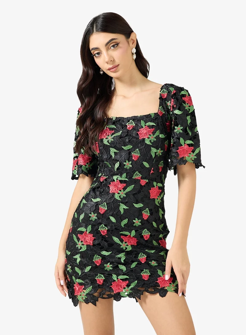 Just Me Floral Embroidered Lace Square Neck Flared Sleeve Scalloped Hem Mini Dress