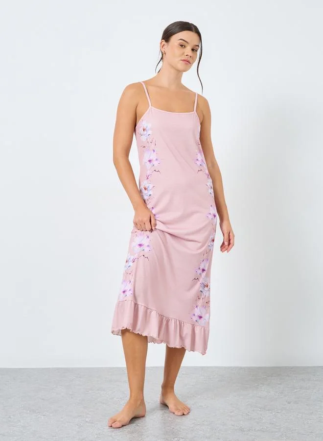 Styli Styli Floral Print Ruffle Hem Slip Dress