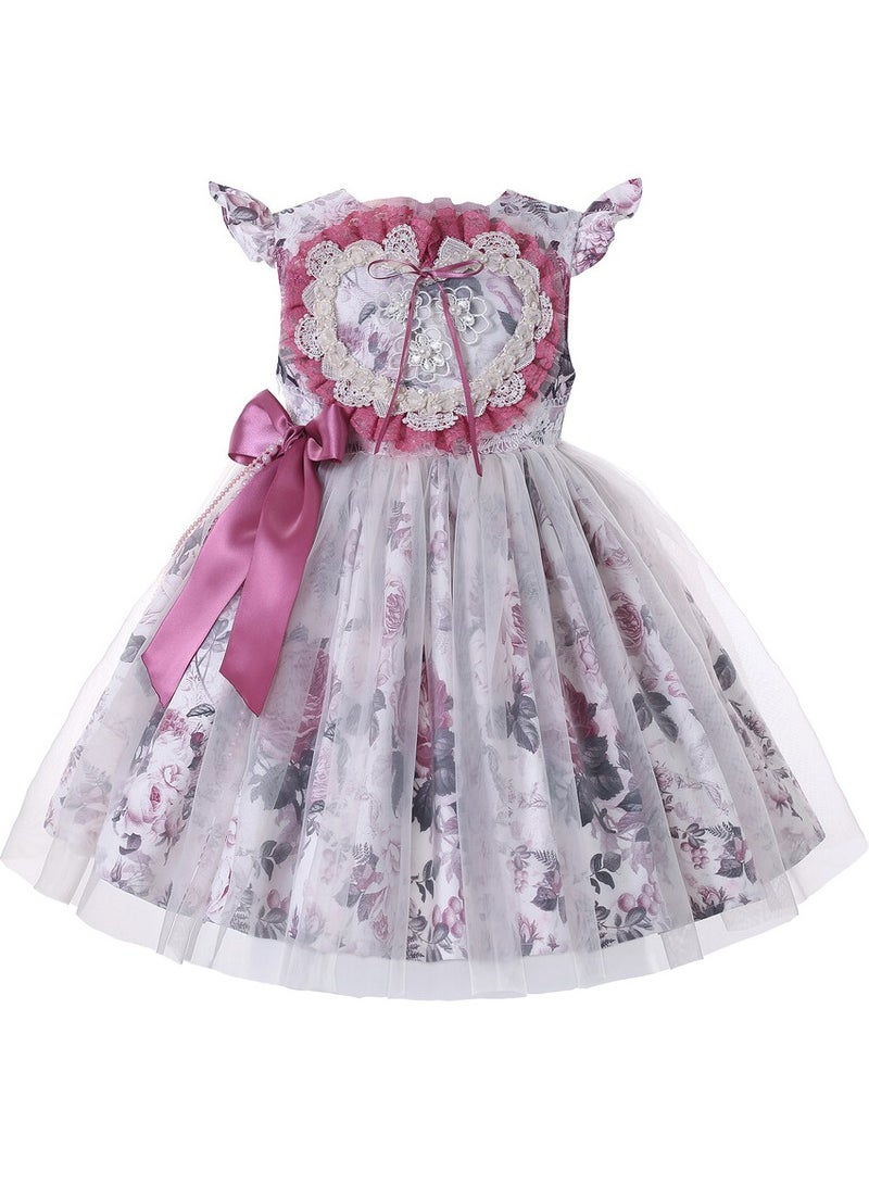 Floral pattern dress with soft tulle, satin tie, lace heart and short sleeves  - Image 1