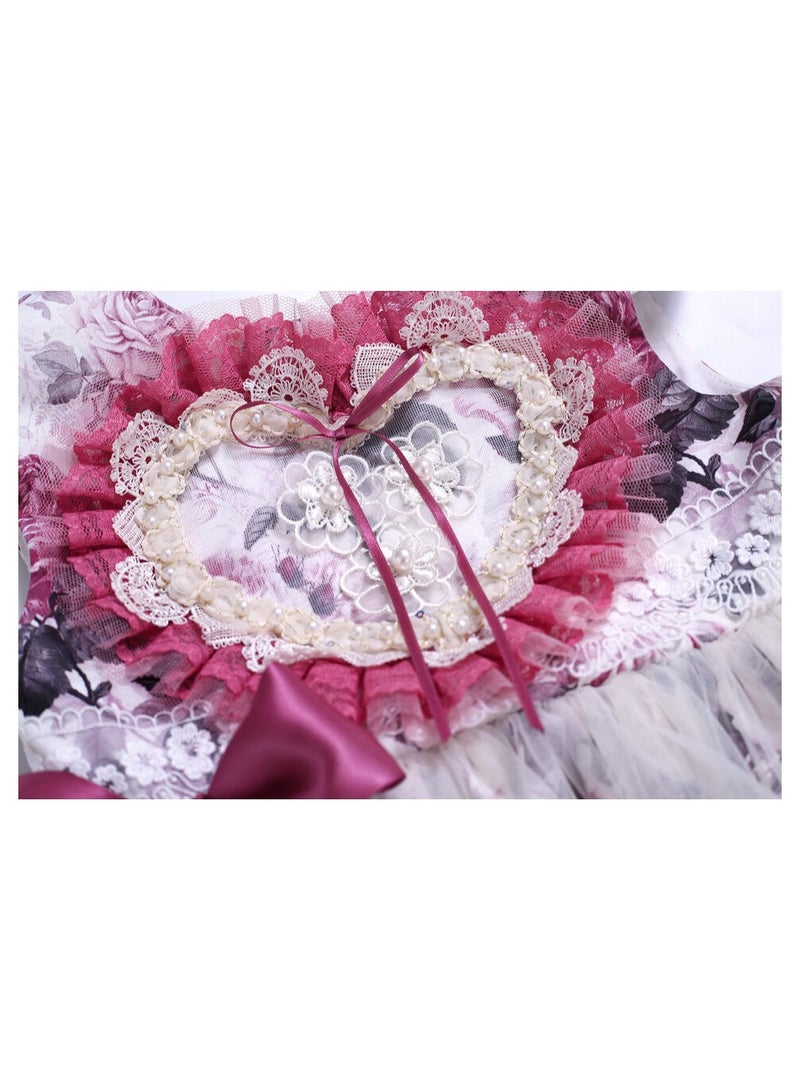 Floral pattern dress with soft tulle, satin tie, lace heart and short sleeves  - Image 4