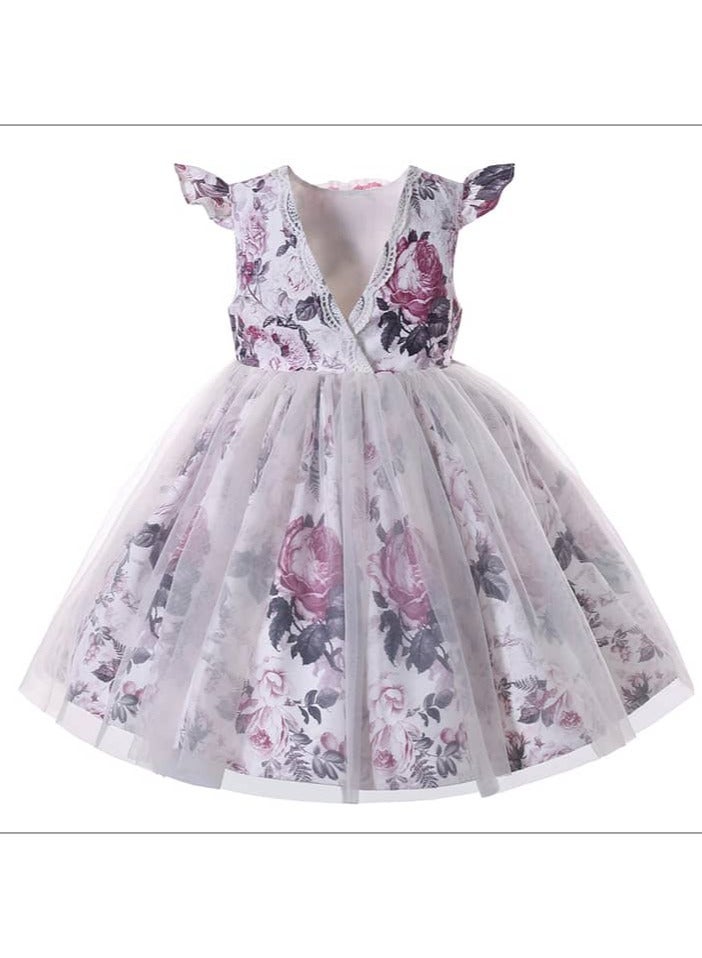 Floral pattern dress with soft tulle, satin tie, lace heart and short sleeves  - Image 2