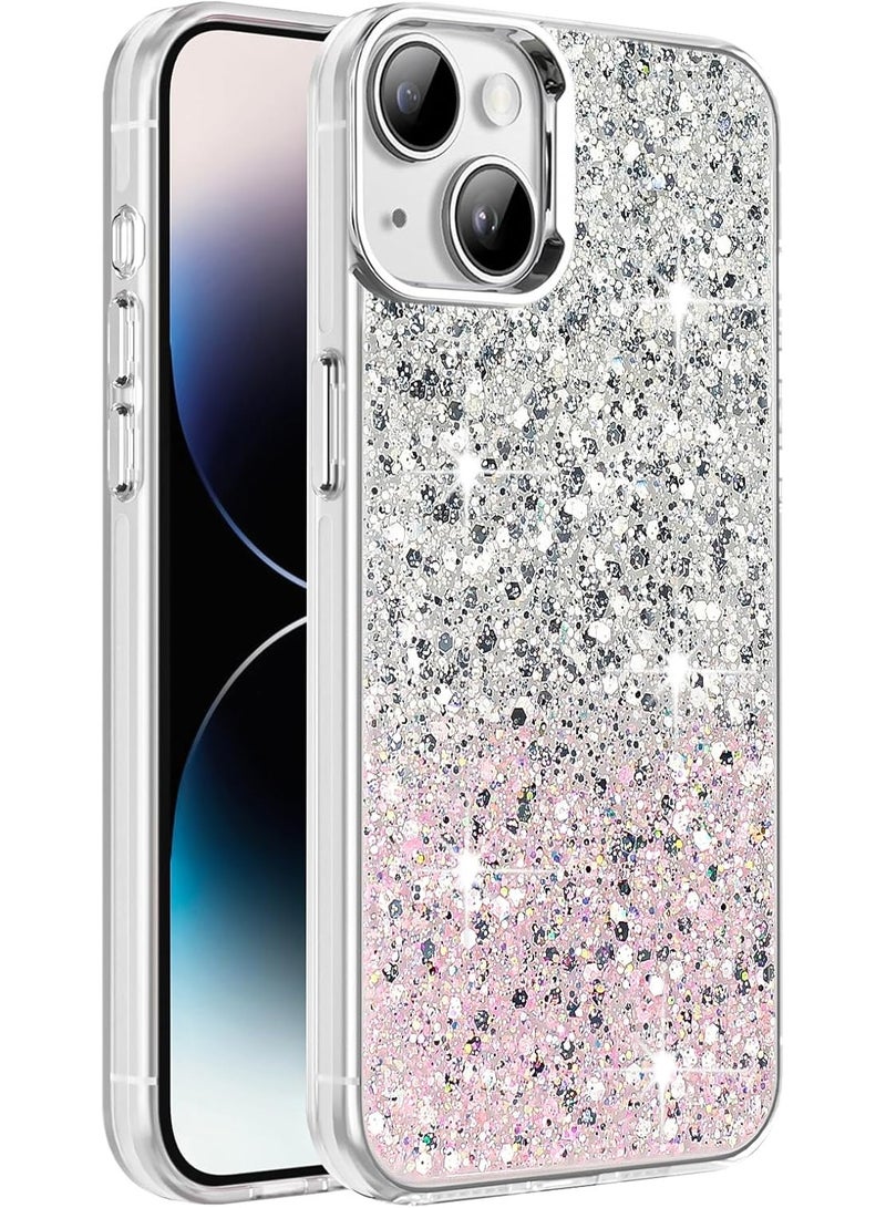 Compatible with iPhone 14 plus Case/iPhone 15 plus Case, Clear Glitter Bling Sparkly, Soft TPU Frame Bumper, Hard-Back Cover for Women & Girls, Transparent Protective (White Pink) - Image 1