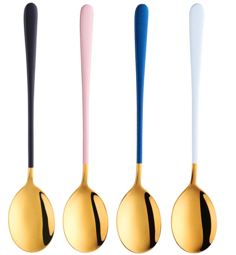 pepplo® 8 Inch Soup Spoons Stainless Steel, Round Head Soup Spoons, Modern Thick Long Handle SUS304 Korean Spoon, Dinner Metal Spoons for Soup, Grain,Dessert,Milk,Tea,Coffee, Set of 4(Gold) - Image 1