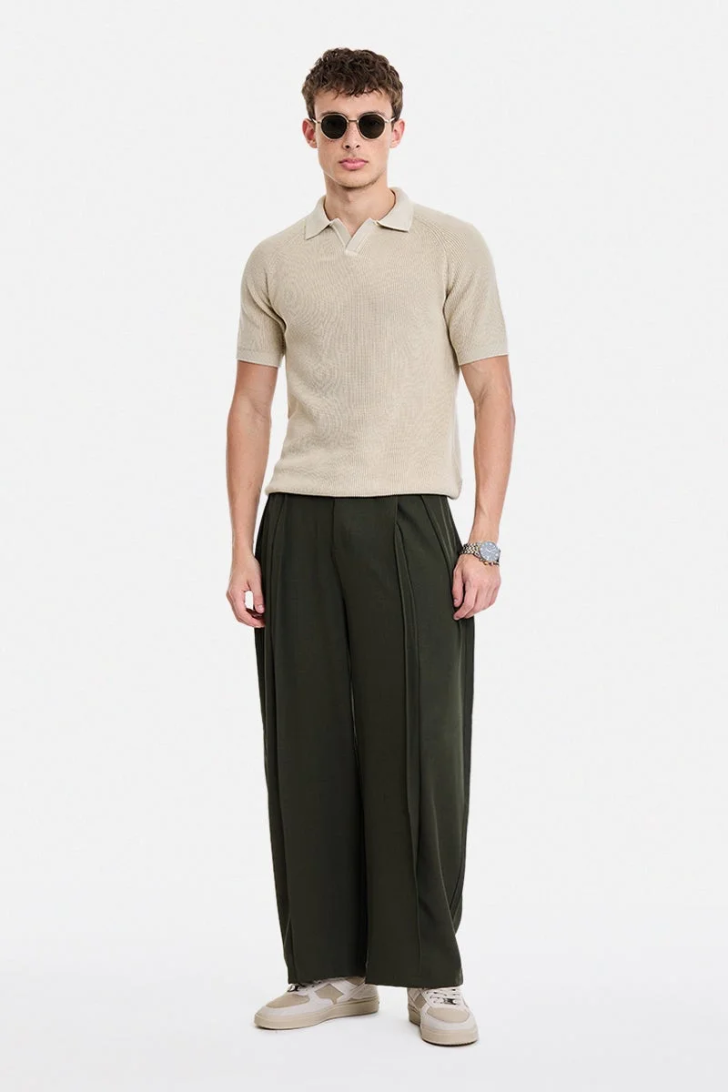 سنيتش Beige Ribbed Raglan Sleeves Regular Fit T-Shirt