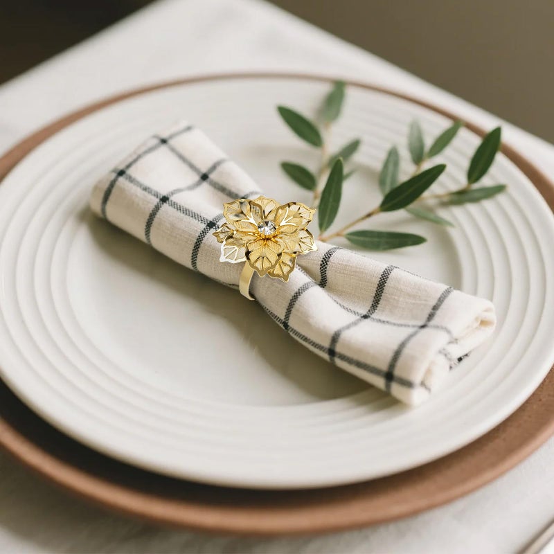EMORBALS Gold Napkin Rings, Thanksgiving Christmas Napkin Rings Set of 12, Nickel-Plated Steel Table Decor for Festival Party - Floral - Image 4