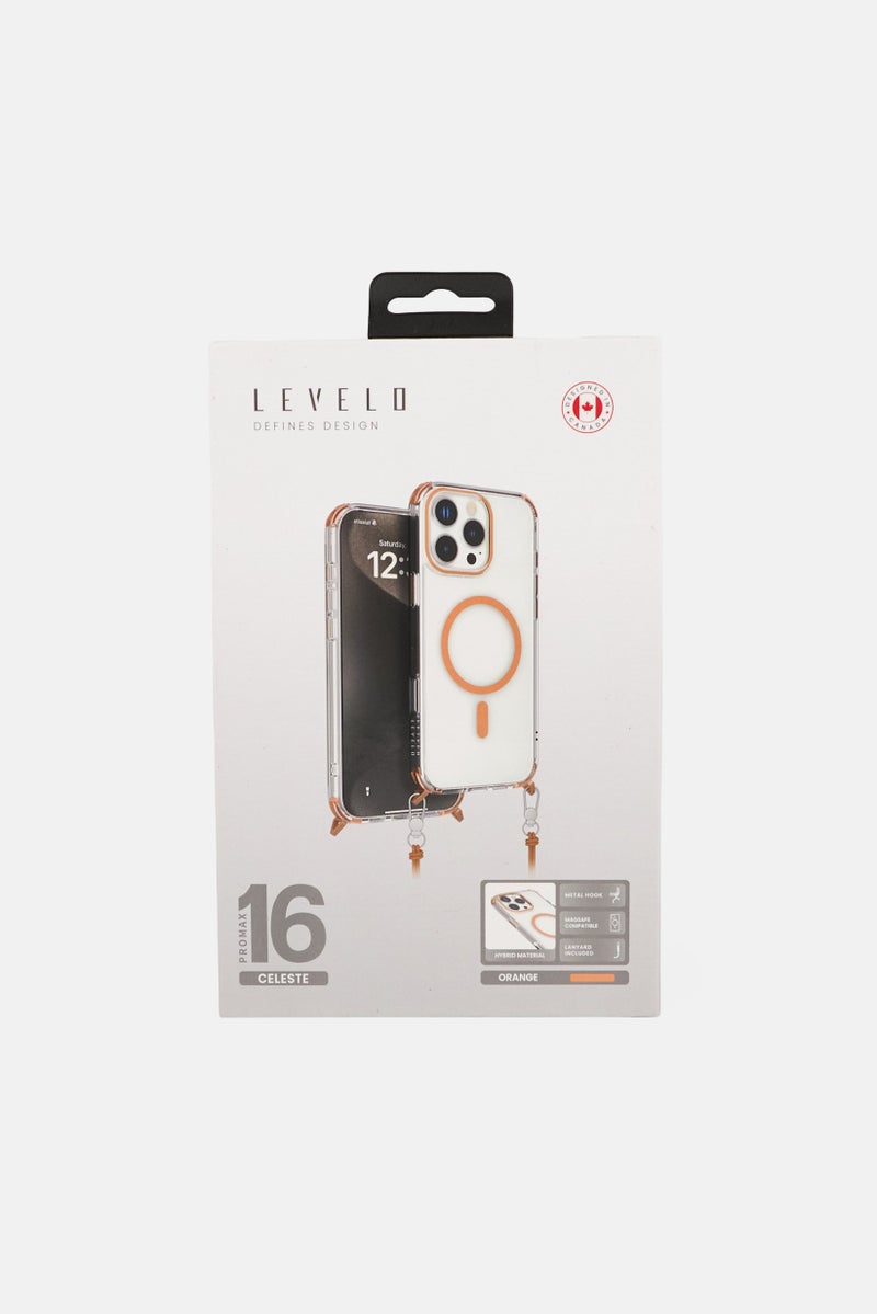 LEVELO iPhone 16 Pro Max Celeste With Crossbody Strap Phone Case, Orange - Image 1