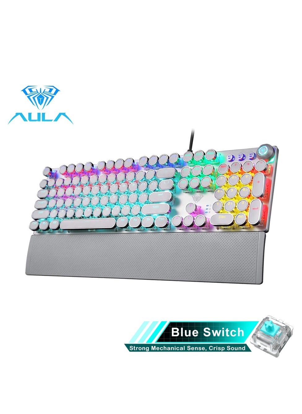 Mechanical Gaming Keyboard NKRO with Wrist Rest RGB Backlit Volume/Lighting Control Knob Fully Programmable 108-Keys Anti-Ghosting Wired Computer Keyboards for Office/Games, Blue Switch 