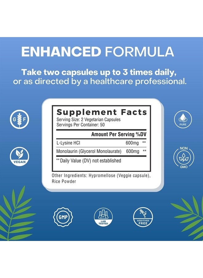 L-Lysine + Monolaurin 600mg 1:1 Ratio, 100 Capsules