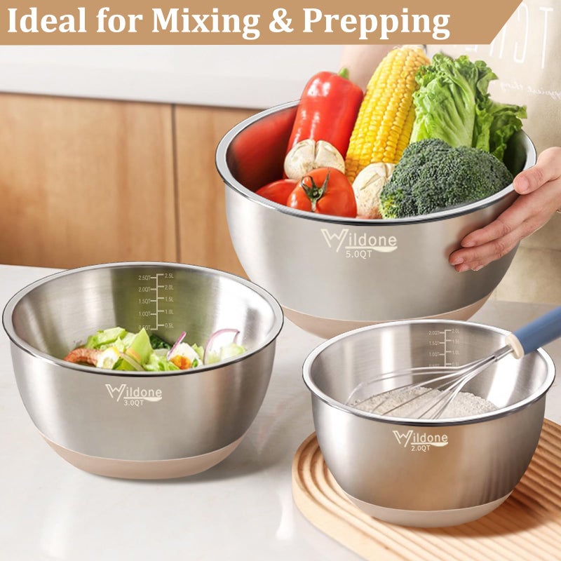 Wildone Mixing Bowls with Airtight Lids, 27 PCS Stainless Steel Nesting Bowls, with 3 Grater Attachments, Scale Mark & Non-Slip Bottom, Size 5, 4, 3, 2, 1.5, 1, 0.63QT, Ideal for Mixing & Prepping - Image 4