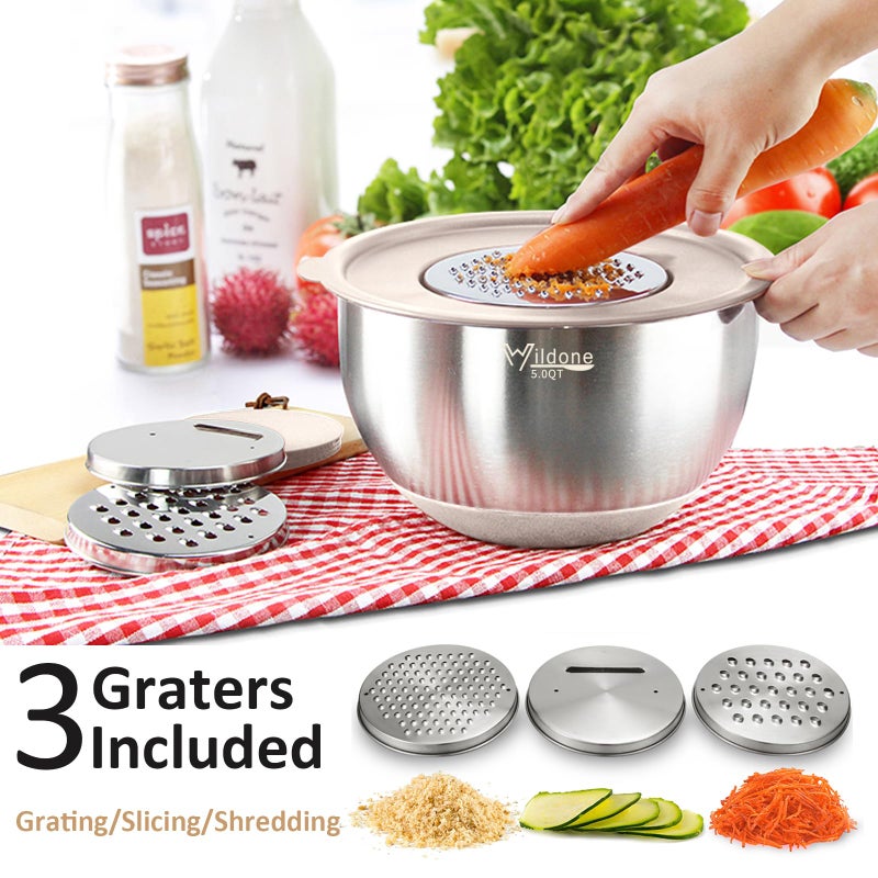 Wildone Mixing Bowls with Airtight Lids, 27 PCS Stainless Steel Nesting Bowls, with 3 Grater Attachments, Scale Mark & Non-Slip Bottom, Size 5, 4, 3, 2, 1.5, 1, 0.63QT, Ideal for Mixing & Prepping - Image 2