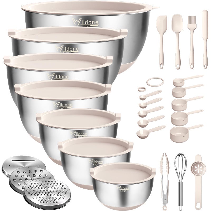 Wildone Mixing Bowls with Airtight Lids, 27 PCS Stainless Steel Nesting Bowls, with 3 Grater Attachments, Scale Mark & Non-Slip Bottom, Size 5, 4, 3, 2, 1.5, 1, 0.63QT, Ideal for Mixing & Prepping - Image 1