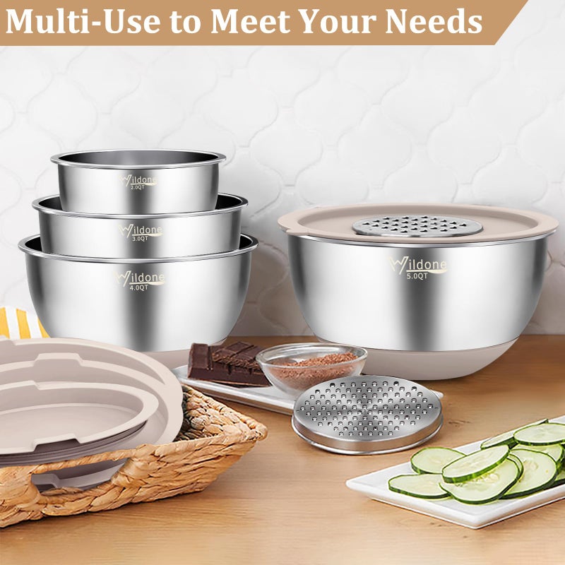 Wildone Mixing Bowls with Airtight Lids, 27 PCS Stainless Steel Nesting Bowls, with 3 Grater Attachments, Scale Mark & Non-Slip Bottom, Size 5, 4, 3, 2, 1.5, 1, 0.63QT, Ideal for Mixing & Prepping - Image 5