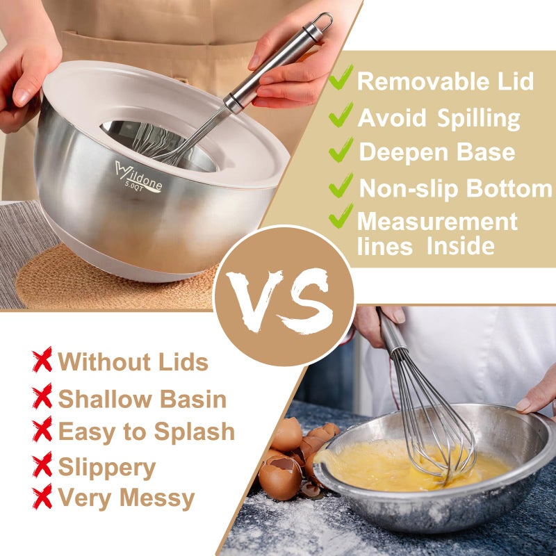 Wildone Mixing Bowls with Airtight Lids, 27 PCS Stainless Steel Nesting Bowls, with 3 Grater Attachments, Scale Mark & Non-Slip Bottom, Size 5, 4, 3, 2, 1.5, 1, 0.63QT, Ideal for Mixing & Prepping - Image 3