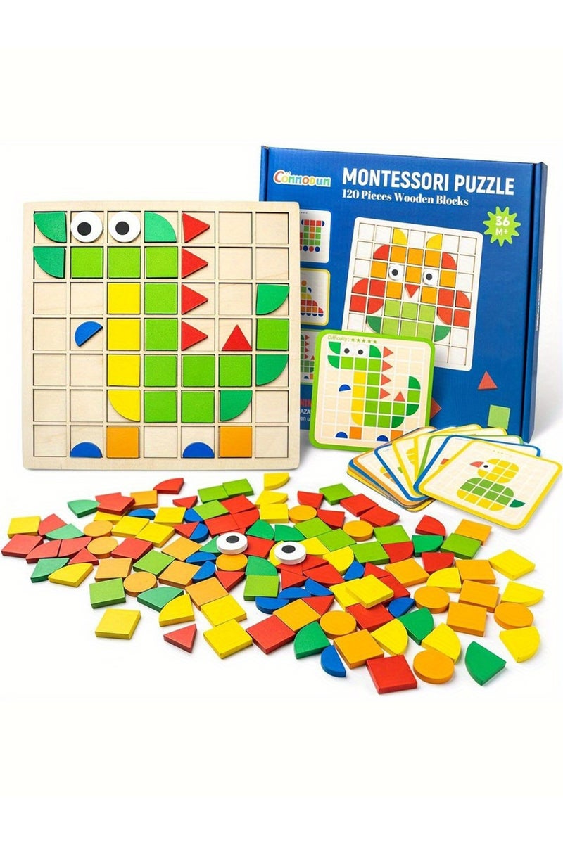 erorex wooden 120Pcs Wooden Mosaic Puzzle Toy Montessori Kids Wooden 3D Geometric Shape Jigsaw Puzzle Board