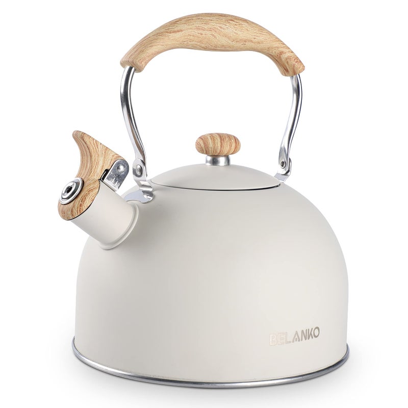 BELANKO Tea Kettle, BELANKO 85 OZ / 2.5 Liter Whistling Tea Kettle Pots for Stove Top Food Grade Stainless Steel with Wood Pattern Folding Handle, Loud Whistle for Tea, Coffee, Milk - Milk White - Image 1