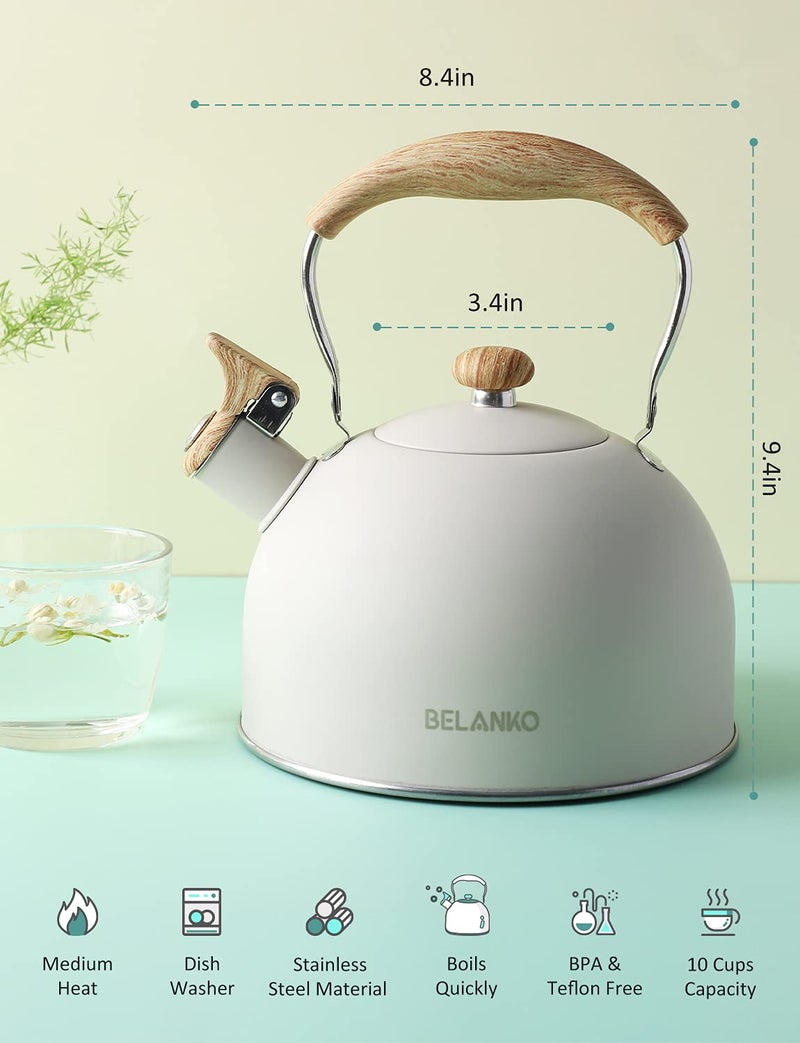 BELANKO Tea Kettle, BELANKO 85 OZ / 2.5 Liter Whistling Tea Kettle Pots for Stove Top Food Grade Stainless Steel with Wood Pattern Folding Handle, Loud Whistle for Tea, Coffee, Milk - Milk White - Image 5