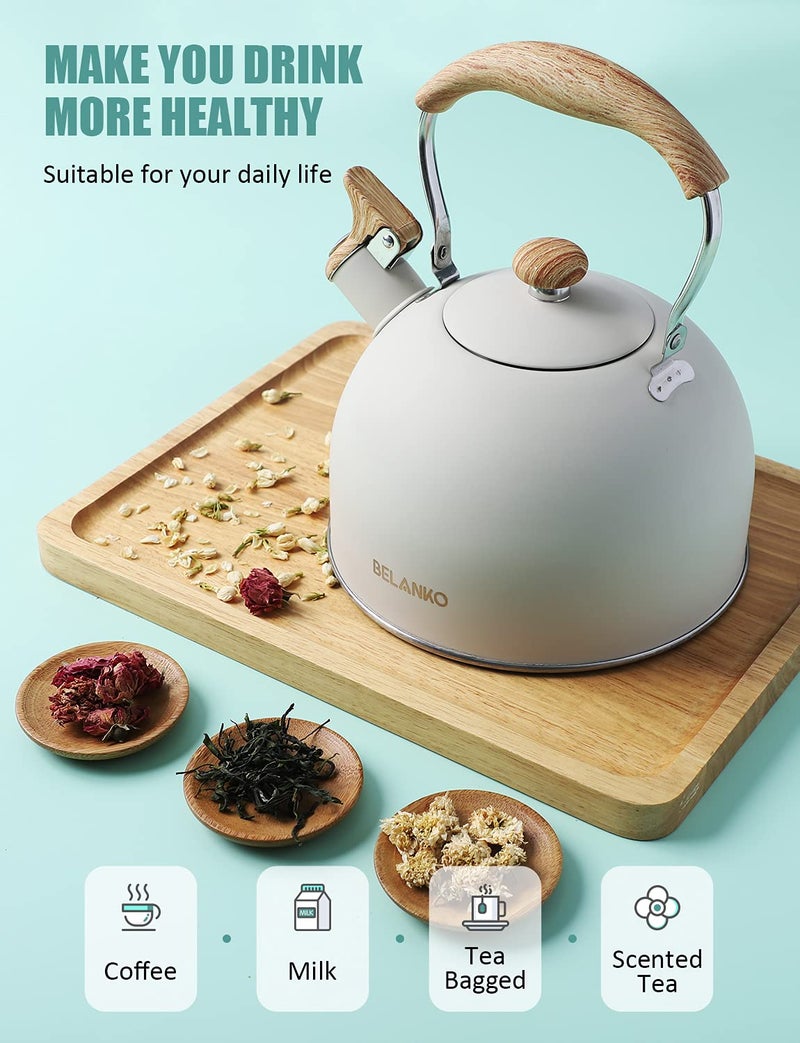 BELANKO Tea Kettle, BELANKO 85 OZ / 2.5 Liter Whistling Tea Kettle Pots for Stove Top Food Grade Stainless Steel with Wood Pattern Folding Handle, Loud Whistle for Tea, Coffee, Milk - Milk White - Image 2