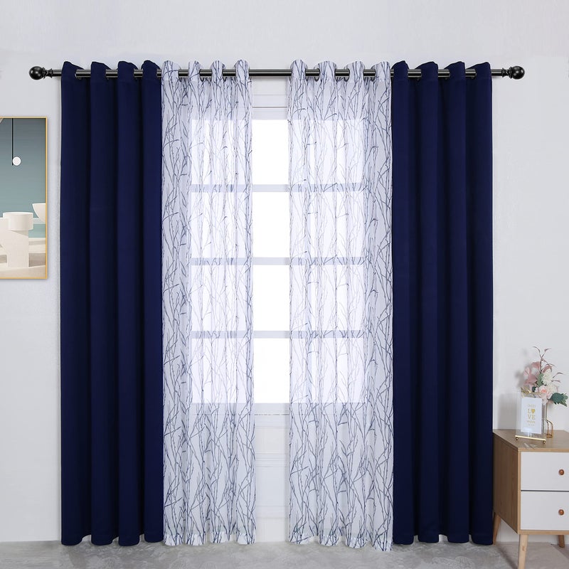 BONZER Mix and Match Curtains  2 Pieces Branch Print Sheer Curtains and 2 Pieces Blackout Curtains for Bedroom Living Room Grommet Window Drapes 54x84 InchPanel Indigo Set of 4 Panels