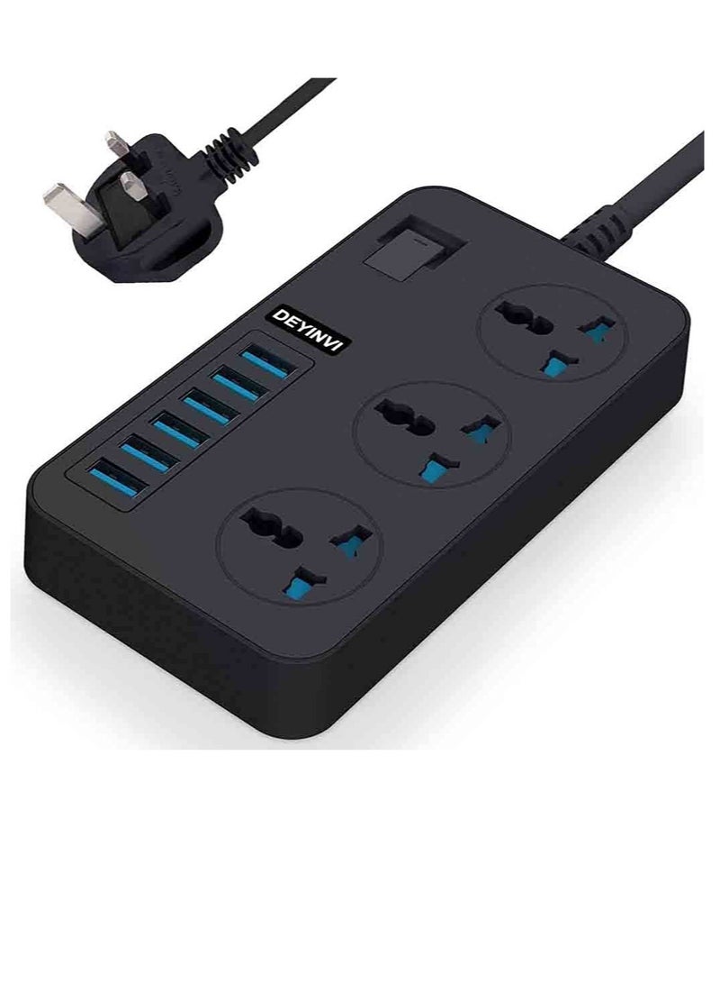 Universal Extension Lead Power Strips,6 USB Wall Plug Adapter, 3 Way Cable Surge Protector, Fuse and Shutter USB Hub Socket 3 Gang Electrical Power Accessories Extension Cord (Black) - Image 1