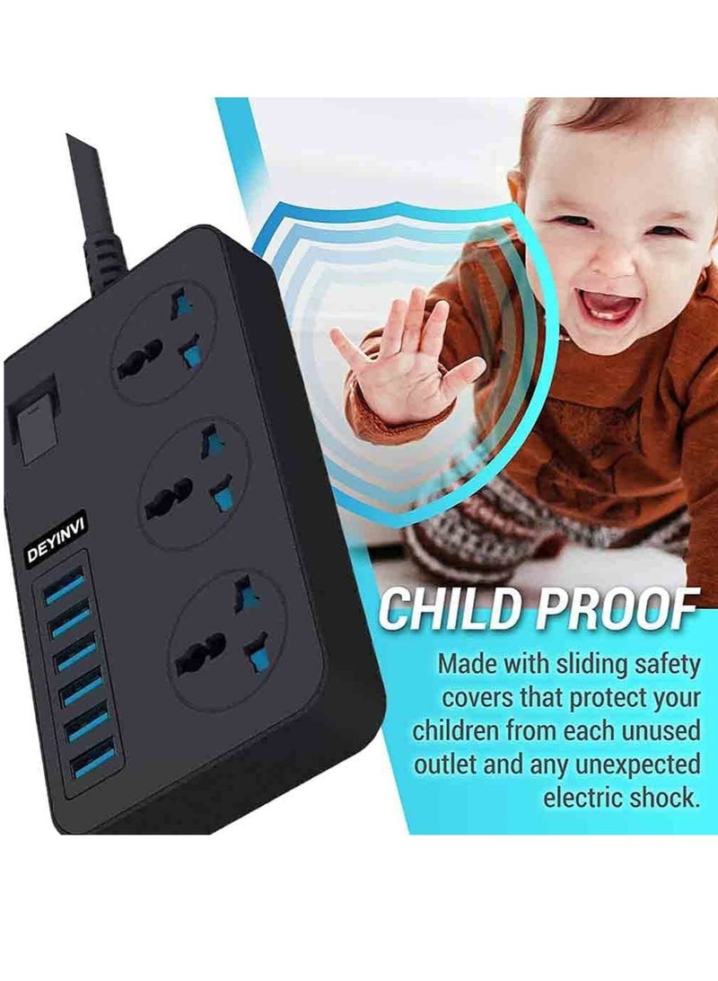 Universal Extension Lead Power Strips,6 USB Wall Plug Adapter, 3 Way Cable Surge Protector, Fuse and Shutter USB Hub Socket 3 Gang Electrical Power Accessories Extension Cord (Black) - Image 2