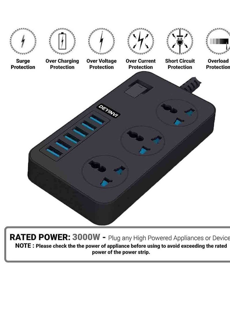 Universal Extension Lead Power Strips,6 USB Wall Plug Adapter, 3 Way Cable Surge Protector, Fuse and Shutter USB Hub Socket 3 Gang Electrical Power Accessories Extension Cord (Black) - Image 5