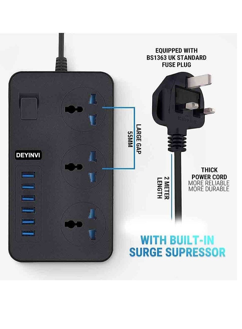 Universal Extension Lead Power Strips,6 USB Wall Plug Adapter, 3 Way Cable Surge Protector, Fuse and Shutter USB Hub Socket 3 Gang Electrical Power Accessories Extension Cord (Black) - Image 3