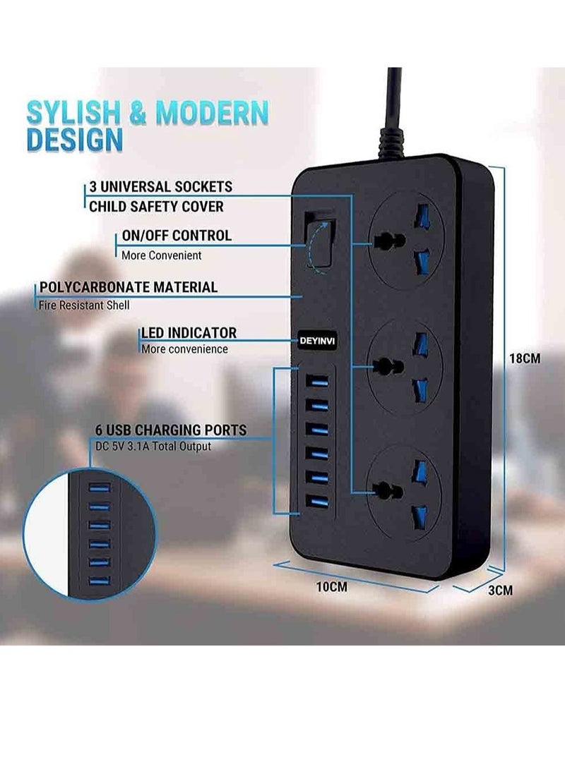 Universal Extension Lead Power Strips,6 USB Wall Plug Adapter, 3 Way Cable Surge Protector, Fuse and Shutter USB Hub Socket 3 Gang Electrical Power Accessories Extension Cord (Black) - Image 4