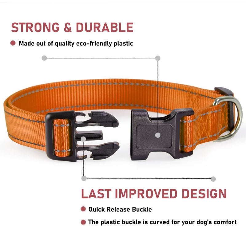 BOOMIBOO Reflective Dog Collar with Buckle Adjustable Safety Nylon Collars for Small Medium Large Dogs, Orange S - Image 2