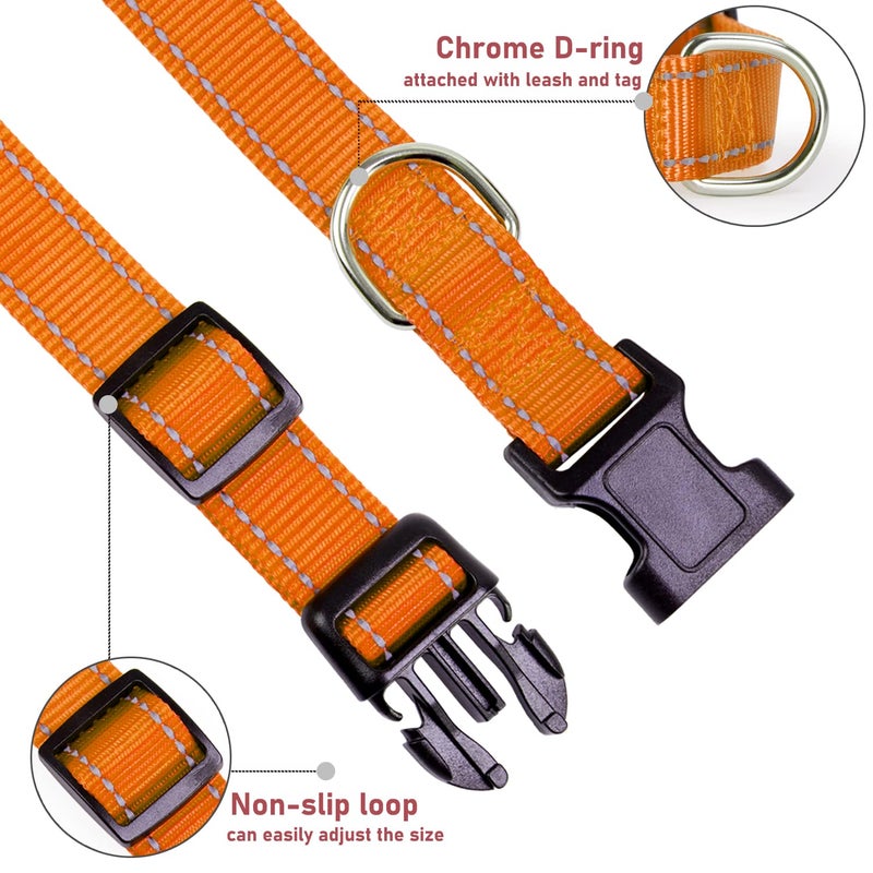 BOOMIBOO Reflective Dog Collar with Buckle Adjustable Safety Nylon Collars for Small Medium Large Dogs, Orange S - Image 3