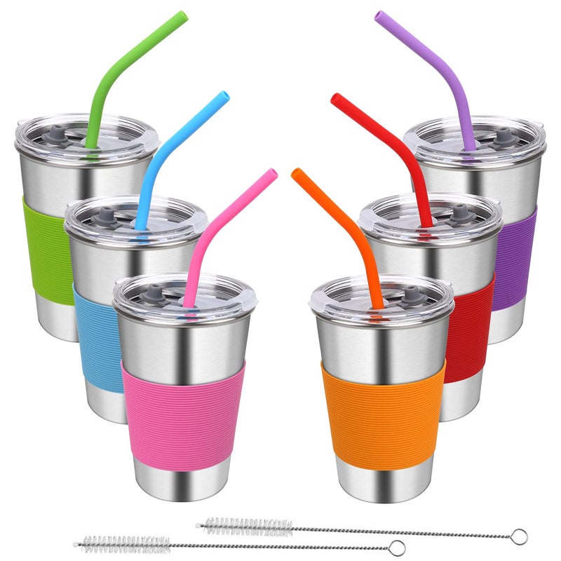 Rommeka Kids Tumbler with Lids and Straws 16oz Stainless Steel Cups with Colorful Sleeves Unbreakable Smoothie Drinking Water Mug Apply for Adults Children