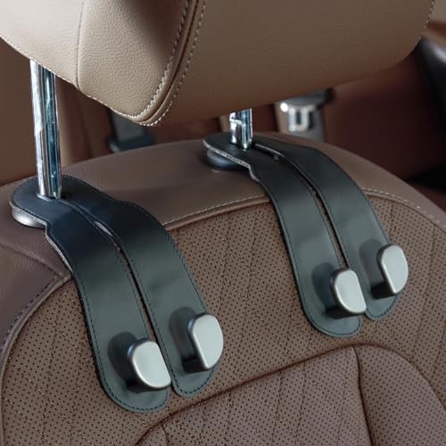 CoBak Purse Hook for Car Universal Premium Stitched Leather and AluminumMagnesium Alloy Double Car Seat Back Storage Hook for Purses Handbags Bags 2 PackBlack - Image 1