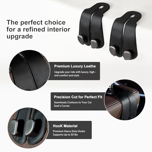 CoBak Purse Hook for Car Universal Premium Stitched Leather and AluminumMagnesium Alloy Double Car Seat Back Storage Hook for Purses Handbags Bags 2 PackBlack - Image 3