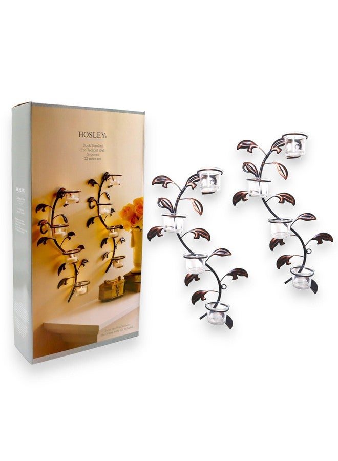 HOSLEY Metal Clear Glass Tealight Candle Holders| Wall Hanging Candle Holders|Christmas Decorations Items for Home Wall Decor Restaurant Gifts| Pack of 2(8 Cup) with Pack of 8 Tealights(Brown) - Image 1