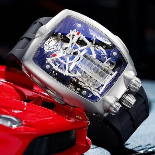 FEICE Watches for Men Automatic Skeleton Watch Waterproof Mineral Glass Japanese Movement Supercar Wristwatch Anti Shock Business Tourbillon FM666 (Black) - Image 3