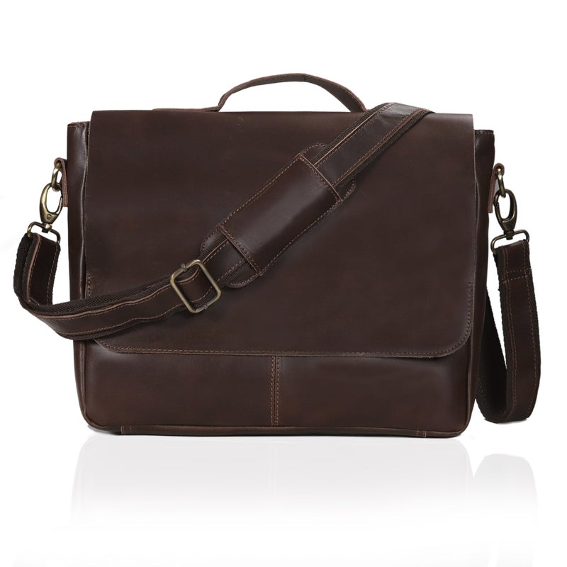 CREATIVE LEATHER ART Unisex Brown Leather Messenger Bag - 14.5" x 11" x 4", Fits 15" Laptop, Pebbled Leather, Adjustable Strap, Ideal for Daily Use & Travel - Image 1