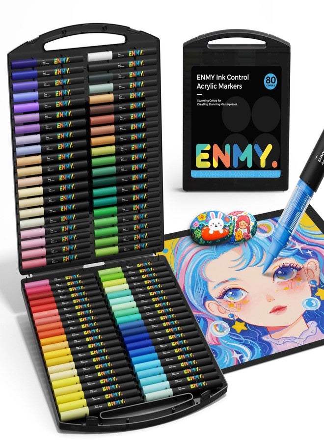 ENMY أقلام طلاء أكريليك ENMY بـ 80 لون، قلم طلاء أكريليك سائل مباشر، أقلام قماش للمنسوجات، قماش، صخور، زجاج، خشب، ورق، DIY، أقلام تلوين أكريليك لمستلزمات الحرف اليدوية - Image 1