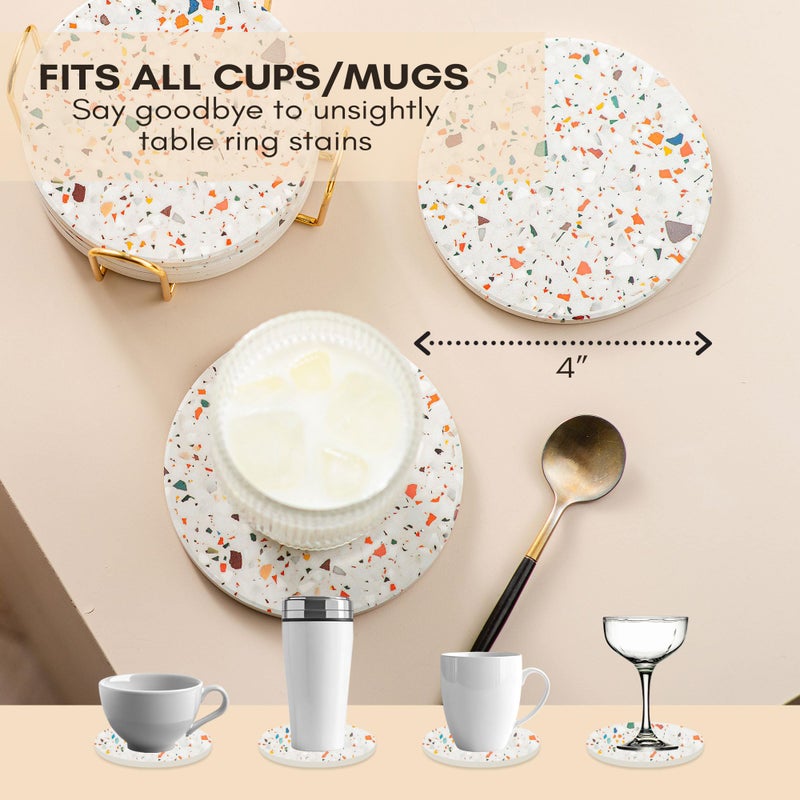 ilohaus Terrazzo Drink Absorbent Coasters with Holder Set of 6, Ceramic Coaster for Drinks, Coffee Table Decor, Water Absorbing Stone Coaster for Drinks (Marble) - Image 3