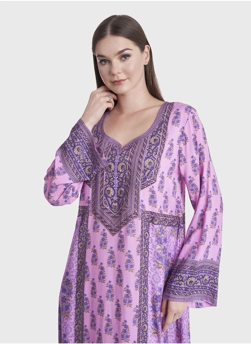 KASHKHA Floral Printed Rayon Jalabiya with Stonework