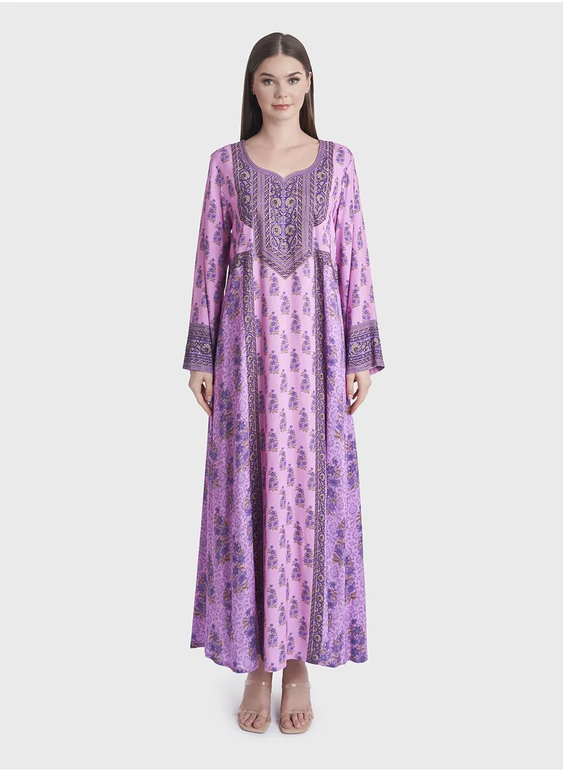 KASHKHA Floral Printed Rayon Jalabiya with Stonework
